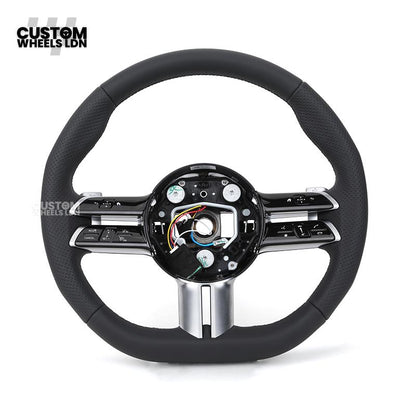 Mercedes Custom W223 Flat Bottom Steering Wheel – Black Leather, Tan Stitching, Silver Trim, Touch Control Buttons | Fits S-Class W223, GLE, GLS, E-Class W213 Facelift + more | Plug & Play | With Airbag | Retrofit Upgrade for Older Models Available