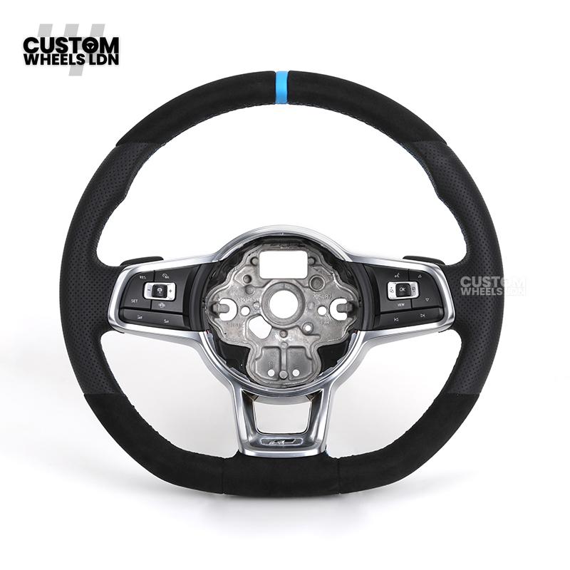 Volkswagen Custom Steering Wheel – Alcantara Top & Bottom, Perforated Leather Grips, Blue Racing Stripe | Fits Golf MK7/7.5, GTI, R, Polo + more | Plug & Play Upgrade