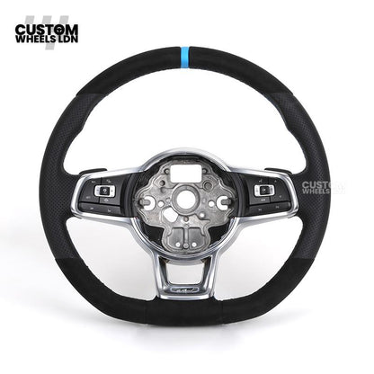 Volkswagen Custom Steering Wheel – Alcantara Top & Bottom, Perforated Leather Grips, Blue Racing Stripe | Fits Golf MK7/7.5, GTI, R, Polo + more | Plug & Play Upgrade
