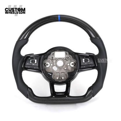 Volkswagen MK7 Custom Steering Wheel – Blue Center Stripe | Carbon Fibre & Leather | Plug & Play | Complete Steering Wheel | Fits Golf MK7 / MK6 GTI, R + more