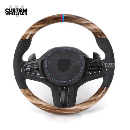 BMW Custom G-Series Steering Wheel – Gloss Wood Carbon, Flat Bottom, Alcantara Airbag – Fits G20 G21 G22 G30 G15 G05 G07 + more