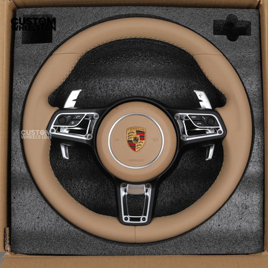 Porsche Custom Steering Wheel – Beige Leather with Chrome Trim | Fits 997, 991, Panamera, Cayenne (2000+ Plug & Play)