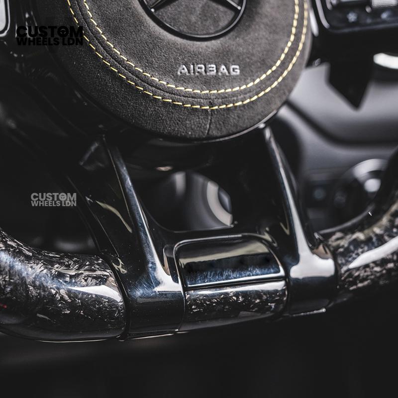 Mercedes Custom AMG Steering Wheel Alcantara & Forged Carbon | Yellow Stitching & Stripe | AMG Edition 1 | Paddle Shifters | Complete Retrofit | Fits GLC, GLE, CLS, E-Class, C-Class, W205, W213 + more