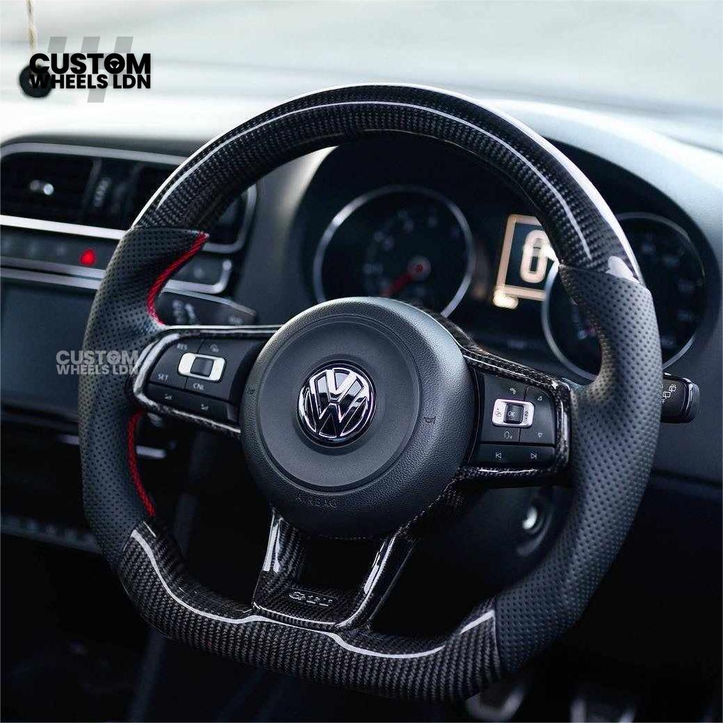 Volkswagen MK7 Custom Steering Wheel – Carbon Fibre with Red Centre Stripe, Perforated Leather Grips | Fits Golf GTI, R, Scirocco + more | Plug & Play