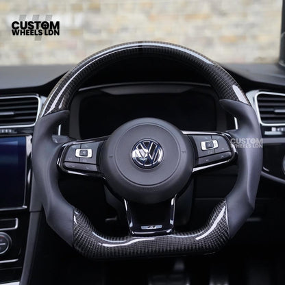 Volkswagen MK7 Custom Steering Wheel – Blue Center Stripe | Carbon Fibre & Leather | Plug & Play | Complete Steering Wheel | Fits Golf MK7 / MK6 GTI, R + more