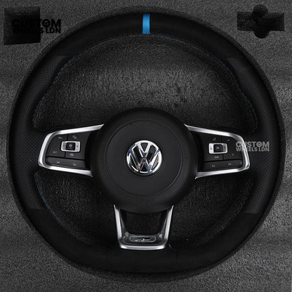 Volkswagen Custom Steering Wheel – Alcantara Top & Bottom, Perforated Leather Grips, Blue Racing Stripe | Fits Golf MK7/7.5, GTI, R, Polo + more | Plug & Play Upgrade