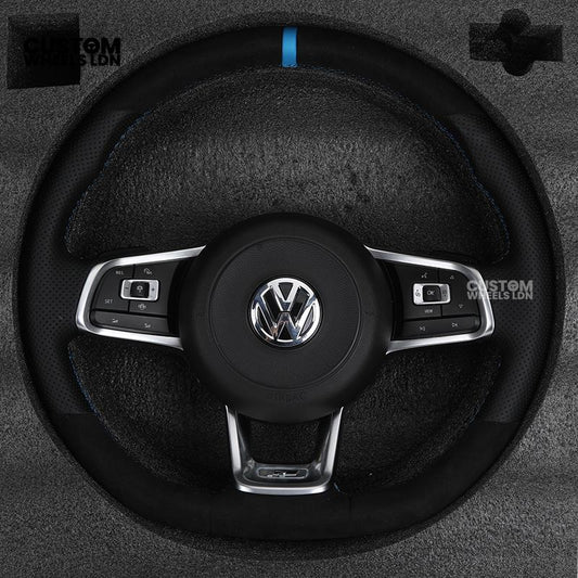 Volkswagen Custom Steering Wheel – Alcantara Top & Bottom, Perforated Leather Grips, Blue Racing Stripe | Fits Golf MK7/7.5, GTI, R, Polo + more | Plug & Play Upgrade