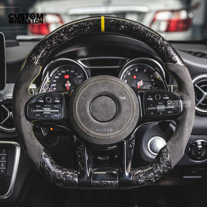Mercedes Custom AMG Steering Wheel Alcantara & Forged Carbon | Yellow Stitching & Stripe | AMG Edition 1 | Paddle Shifters | Complete Retrofit | Fits GLC, GLE, CLS, E-Class, C-Class, W205, W213 + more