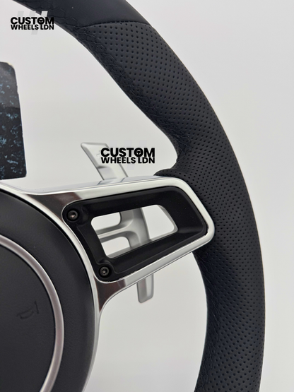 Porsche Custom OEM Steering Wheel – Smooth & Perforated Leather, Silver Trims, OEM Paddles | Fits 991, 997, 987, Cayman, Boxster, Macan, Cayenne + more | Plug & Play | With Airbag | Upgrade for Older Models Available