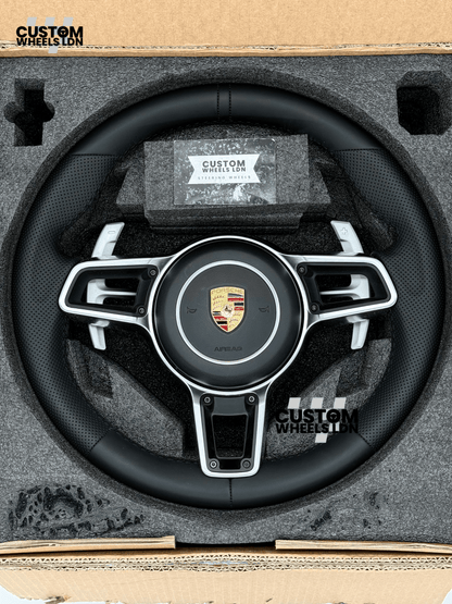 Porsche Custom OEM Steering Wheel – Smooth & Perforated Leather, Silver Trims, OEM Paddles | Fits 991, 997, 987, Cayman, Boxster, Macan, Cayenne + more | Plug & Play | With Airbag | Upgrade for Older Models Available