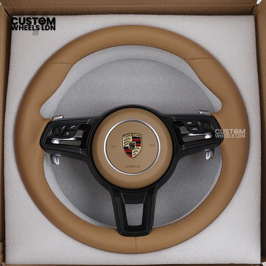 Porsche Custom Steering Wheel – Full Beige Leather with Black Trim | Fits 997, 991, Panamera, Cayenne (2000+ Plug & Play)