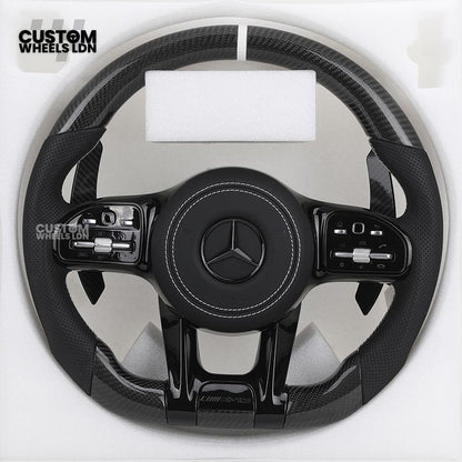 Mercedes Custom AMG Steering Wheel Carbon Fibre & Piano Black | White Stitching | AMG Style | Paddle Shifters | Complete Retrofit | Fits W205, W176, W213, A-Class, C-Class, CLA + more