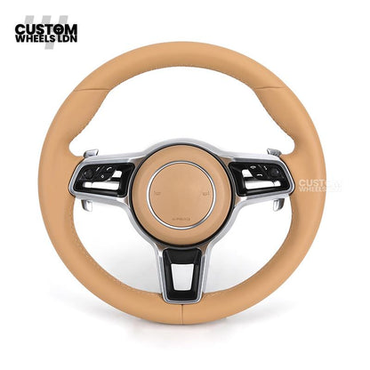 Porsche Custom Steering Wheel – Beige Leather with Chrome Trim | Fits 997, 991, Panamera, Cayenne, Cayman (2000+ Plug & Play)
