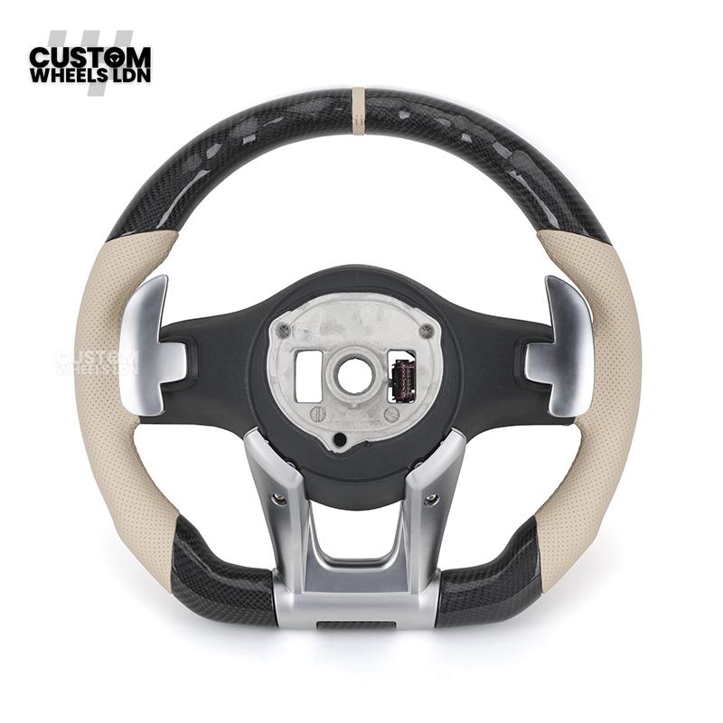 Mercedes Custom Steering Wheel | AMG Style Carbon Fibre with Beige Leather & Stripe | Silver Paddles | Complete Retrofit for Older Models | Fits W205 W204 W212 W213 W218 W207 + more