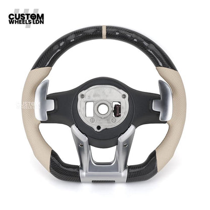 Mercedes Custom Steering Wheel | AMG Style Carbon Fibre with Beige Leather & Stripe | Silver Paddles | Complete Retrofit for Older Models | Fits W205 W204 W212 W213 W218 W207 + more