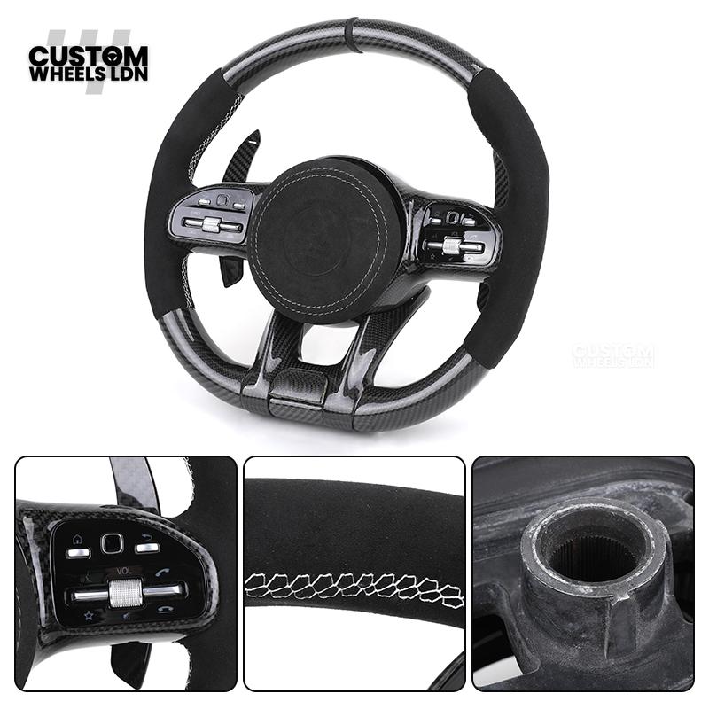 Mercedes Custom AMG Steering Wheel Flat Bottom Alcantara + Carbon Fiber | Red Stitching & Marker | Complete Retrofit | Fits G-Class, C-Class, E-Class, CLA, GLC, GLS, W205, W213 + more