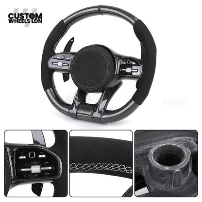 Mercedes Custom AMG Steering Wheel Flat Bottom Alcantara + Carbon Fiber | Red Stitching & Marker | Complete Retrofit | Fits G-Class, C-Class, E-Class, CLA, GLC, GLS, W205, W213 + more