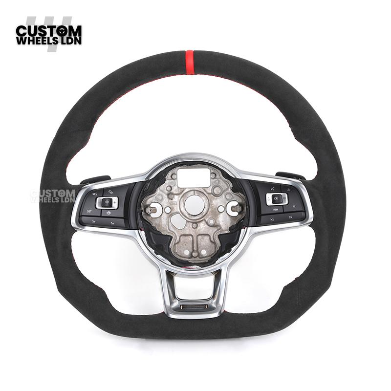 VW MK7 Custom Steering Wheel | Full Alcantara Wrap, Red Stitching & Stripe | Complete Plug & Play Wheel | Fits Golf MK7, GTI, R + more