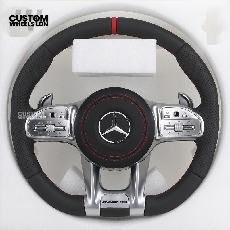 Mercedes Custom AMG Steering Wheel – Silver Trim, Red Race Stripe, Red Stitching, Perforated Leather Grip | Complete Wheel with Airbag | Plug & Play | Retrofit Available for Older Models | Fits C-Class, E-Class, GLC, W205, W213, CLA + More