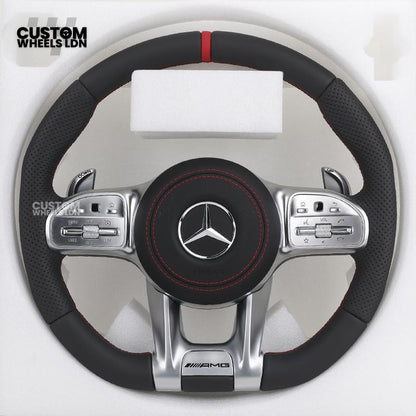 Mercedes Custom AMG Steering Wheel – Silver Trim, Red Race Stripe, Red Stitching, Perforated Leather Grip | Complete Wheel with Airbag | Plug & Play | Retrofit Available for Older Models | Fits C-Class, E-Class, GLC, W205, W213, CLA + More