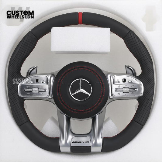 Mercedes Custom AMG Steering Wheel – Silver Trim, Red Race Stripe, Red Stitching, Perforated Leather Grip | Complete Wheel with Airbag | Plug & Play | Retrofit Available for Older Models | Fits C-Class, E-Class, GLC, W205, W213, CLA + More
