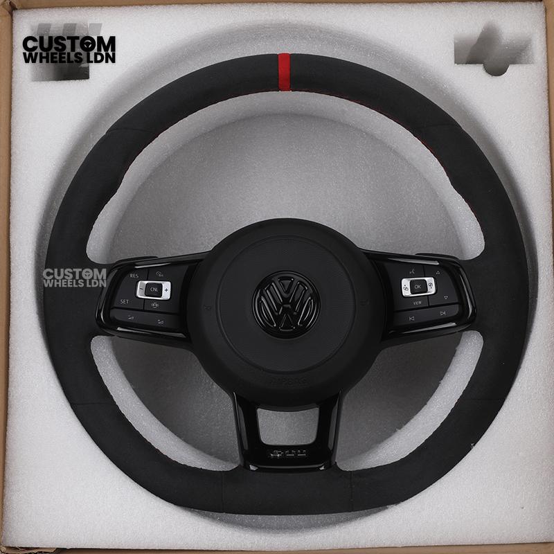 VW MK7 Custom Steering Wheel | Alcantara Wrap, Red Centre Stripe, Full Plug & Play Complete Wheel | Fits Golf MK7, GTI, R + more