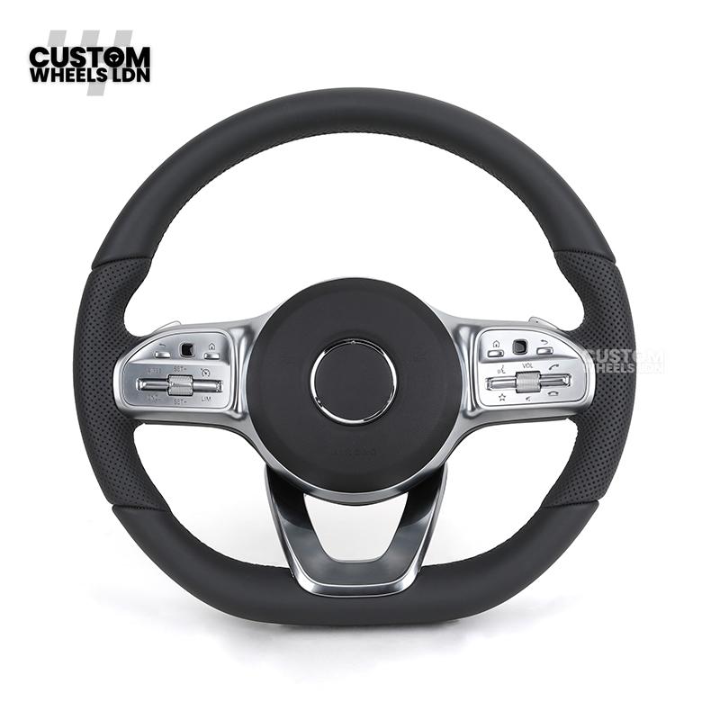 Mercedes Custom Steering Wheel – Satin Silver Spokes, Perforated Leather Grip, Flat Bottom Design | Complete Wheel with Airbag | Plug & Play | Retrofit for Older Models | Fits C-Class, E-Class, GLC, W205, W213, CLA + more