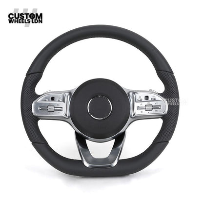 Mercedes Custom Steering Wheel – Satin Silver Spokes, Perforated Leather Grip, Flat Bottom Design | Complete Wheel with Airbag | Plug & Play | Retrofit for Older Models | Fits C-Class, E-Class, GLC, W205, W213, CLA + more
