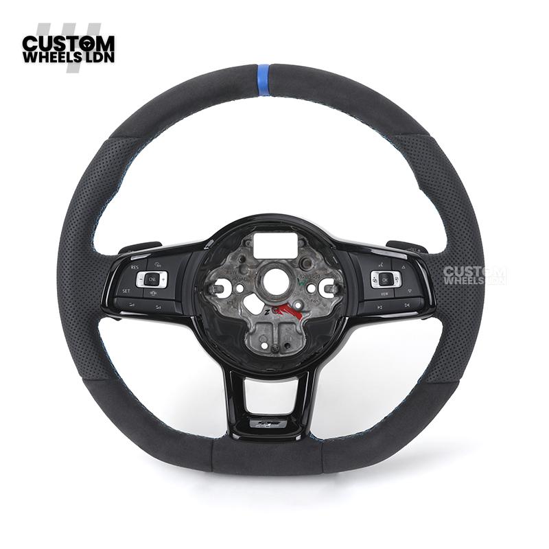 Volkswagen Custom Steering Wheel – Alcantara & Perforated Leather, Blue Centre Stripe, Flat Bottom, OEM Buttons | Fits Golf GTI, R, Polo, Passat + more | Plug & Play Retrofit Upgrade