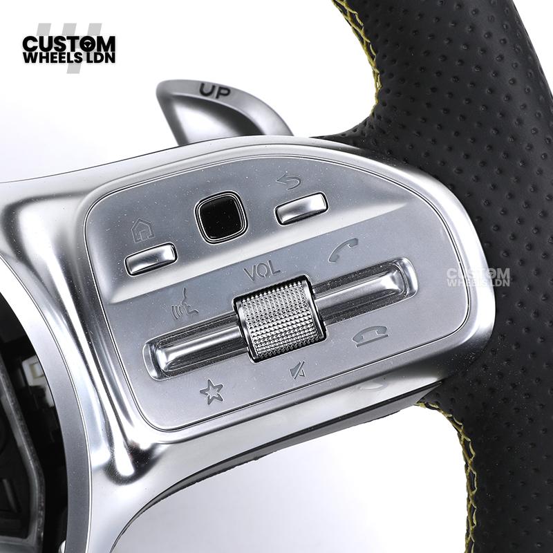 Mercedes Custom AMG Steering Wheel Carbon & Black Leather | Yellow Racing Stripe | AMG Style | Paddle Shifters | Complete Retrofit | Fits A-Class, C-Class, E-Class, GLC, CLA, W176, W205 + more