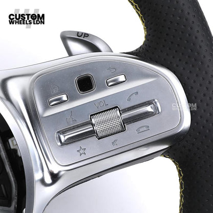 Mercedes Custom AMG Steering Wheel Carbon & Black Leather | Yellow Racing Stripe | AMG Style | Paddle Shifters | Complete Retrofit | Fits A-Class, C-Class, E-Class, GLC, CLA, W176, W205 + more