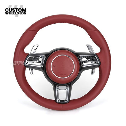Porsche Custom Steering Wheel – Full Red Leather with Chrome Trim | Fits 997, 991, Panamera, Cayenne, Cayman (2000+ Plug & Play)