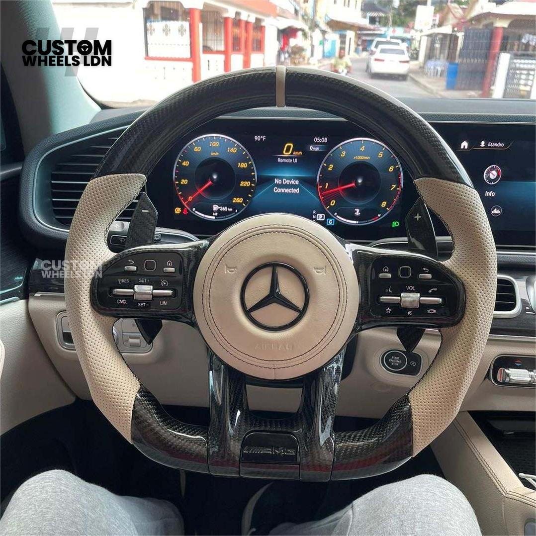 Mercedes Custom Steering Wheel | Piano Black & Carbon Fibre with Cream Leather & Beige Stripe | AMG Style | Complete Retrofit | Fits W205 W204 W212 W213 W218 + more