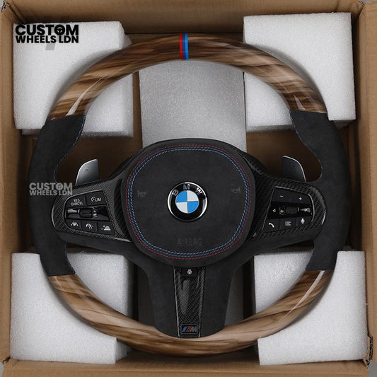BMW Custom G-Series Steering Wheel – Gloss Wood Carbon, Flat Bottom, Alcantara Airbag – Fits G20 G21 G22 G30 G15 G05 G07 + more
