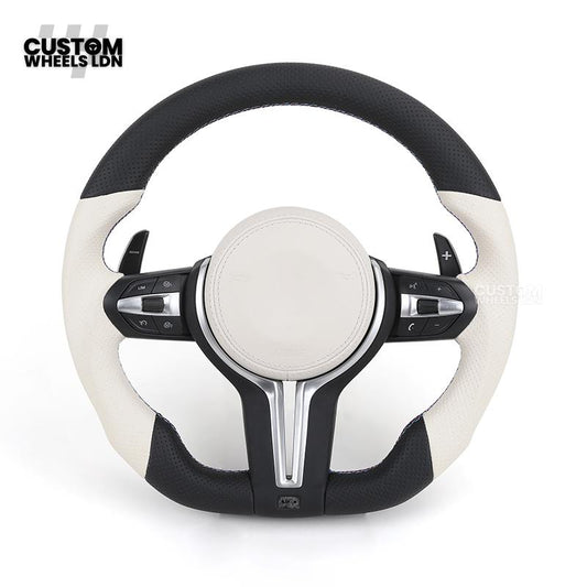 BMW Custom Flat Bottom Steering Wheel – White & Black Perforated Leather with M-Stitching | Fits F20 F22 F30 F32 F36 F10 F06 F13 X1 X3 X4 X5 X6 + More