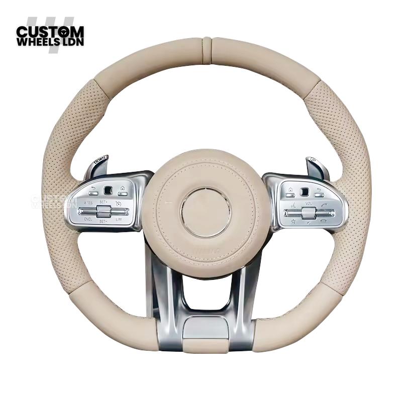 Mercedes Custom AMG Flat Bottom Steering Wheel – Cream Leather, Cream Stripe, Silver Trim, Touch Control Buttons, Silver Paddles | Fits C-Class, E-Class, CLS, GLC, GLE, G-Class + more | Plug & Play | Retrofit Upgrade for Older Models