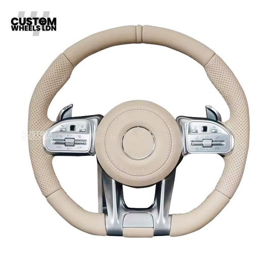 Mercedes Custom AMG Flat Bottom Steering Wheel – Cream Leather, Cream Stripe, Silver Trim, Touch Control Buttons, Silver Paddles | Fits C-Class, E-Class, CLS, GLC, GLE, G-Class + more | Plug & Play | Retrofit Upgrade for Older Models
