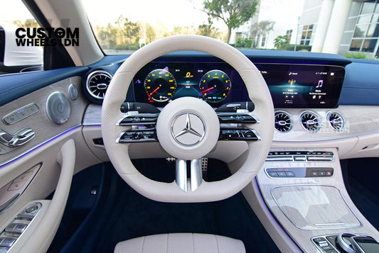 Mercedes Custom W223 Flat Bottom Steering Wheel – Beige Leather, Gloss Black Trim, Touch Control Buttons | Fits S-Class W223, GLE, GLS, E-Class W213 Facelift + more | Plug & Play | With Airbag | Retrofit Upgrade for Older Models Available