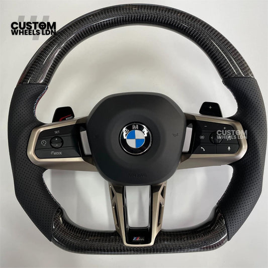 BMW Custom i5 G60 Flat Bottom Steering Wheel – Carbon Fiber, BMW M Stripe, Silver Trim, Perforated Leather Grips | Fits G20 3 Series, G22 4 Series, G30 5 Series + more | Plug & Play | Retrofit Upgrade for Older Models