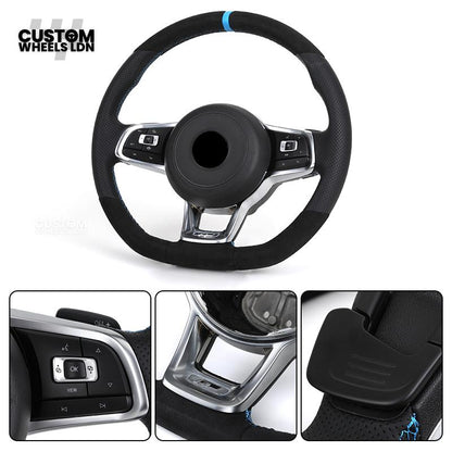 Volkswagen Custom Steering Wheel – Alcantara Top & Bottom, Perforated Leather Grips, Blue Racing Stripe | Fits Golf MK7/7.5, GTI, R, Polo + more | Plug & Play Upgrade