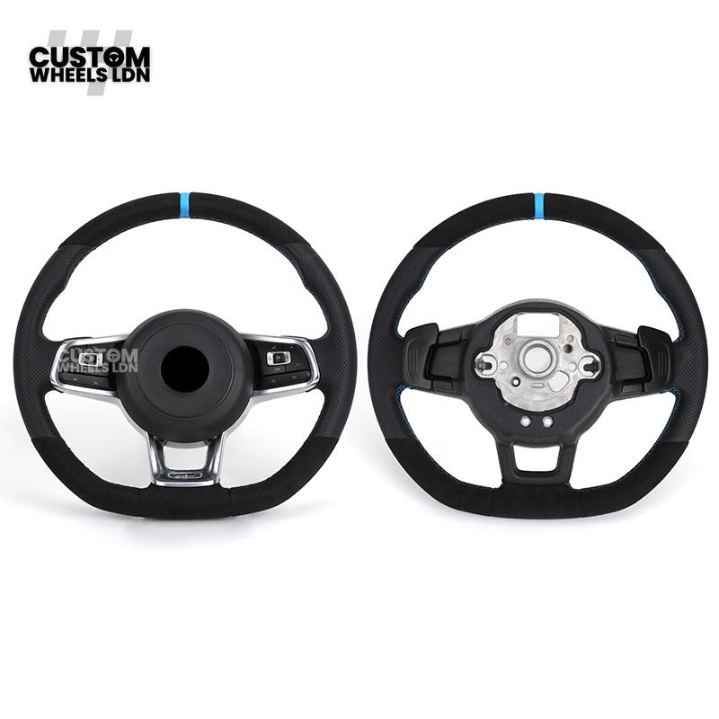 Volkswagen Custom Steering Wheel – Alcantara Top & Bottom, Perforated Leather Grips, Blue Racing Stripe | Fits Golf MK7/7.5, GTI, R, Polo + more | Plug & Play Upgrade