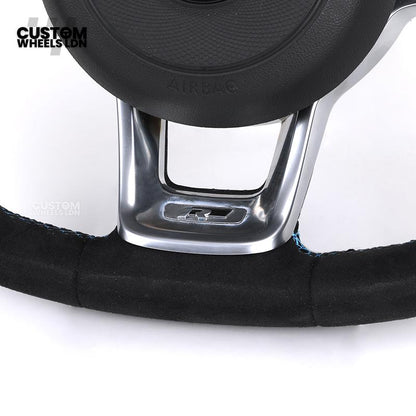 Volkswagen Custom Steering Wheel – Alcantara Top & Bottom, Perforated Leather Grips, Blue Racing Stripe | Fits Golf MK7/7.5, GTI, R, Polo + more | Plug & Play Upgrade