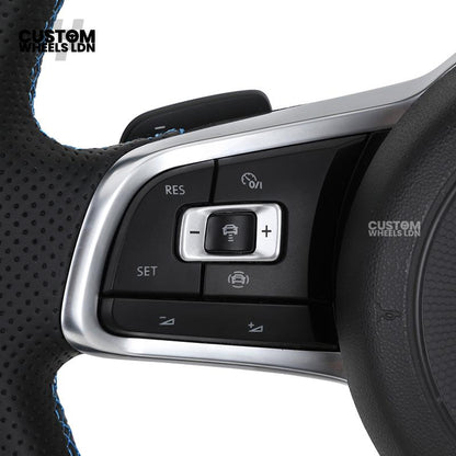 Volkswagen Custom Steering Wheel – Alcantara Top & Bottom, Perforated Leather Grips, Blue Racing Stripe | Fits Golf MK7/7.5, GTI, R, Polo + more | Plug & Play Upgrade