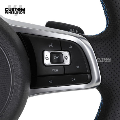 Volkswagen Custom Steering Wheel – Alcantara Top & Bottom, Perforated Leather Grips, Blue Racing Stripe | Fits Golf MK7/7.5, GTI, R, Polo + more | Plug & Play Upgrade