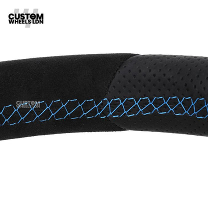 Volkswagen Custom Steering Wheel – Alcantara Top & Bottom, Perforated Leather Grips, Blue Racing Stripe | Fits Golf MK7/7.5, GTI, R, Polo + more | Plug & Play Upgrade