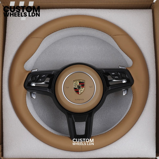 Porsche Custom Beige Full Leather Steering Wheel - Fits Most Models: 911, Cayenne, Panamera, Macan, Boxter, Taycan & More