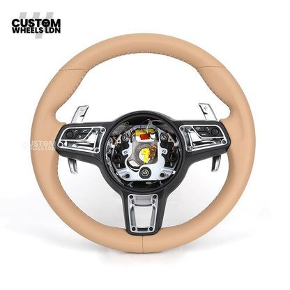 Porsche Custom Steering Wheel – Beige Leather with Chrome Trim | Fits 997, 991, Panamera, Cayenne (2000+ Plug & Play)