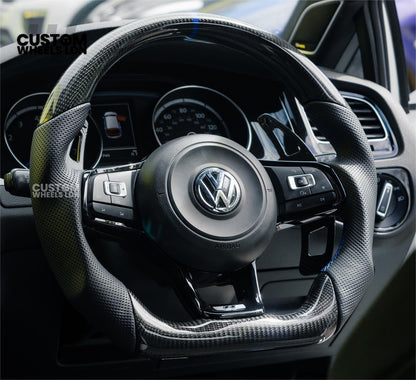 Volkswagen Custom Carbon Steering Wheel – Flat Bottom, Red Centre Stripe, Perforated Leather Grips, Urus Paddles | Fits Golf GTI, R, Scirocco + more | Plug & Play Upgrade