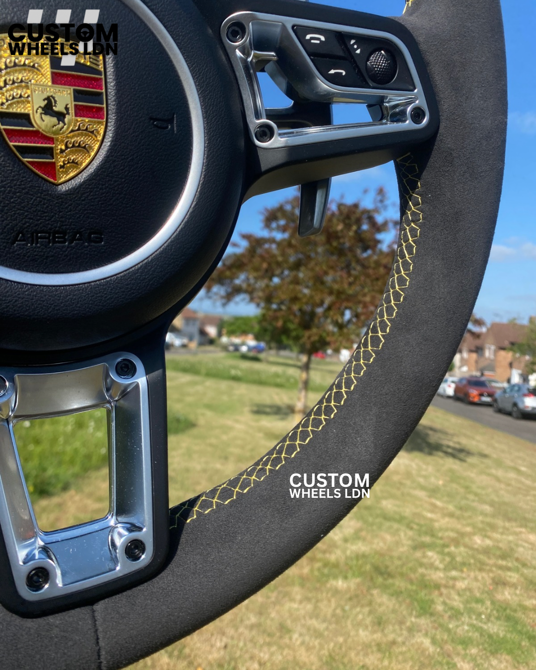 Porsche Custom Steering Wheel – Alcantara, Yellow Stitching – Fits 2000+ Models (PDK/Tiptronic)