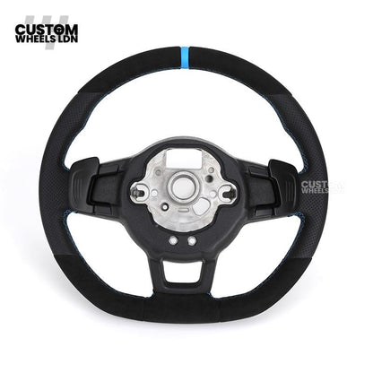 Volkswagen Custom Steering Wheel – Alcantara Top & Bottom, Perforated Leather Grips, Blue Racing Stripe | Fits Golf MK7/7.5, GTI, R, Polo + more | Plug & Play Upgrade